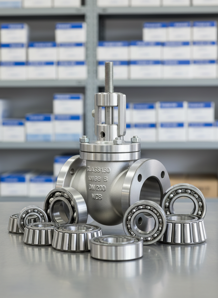 A precise arrangement of industrial valves and bearings displayed on a clean, matte light-grey engineering workbench. A large stainless steel gate valve with a brushed metal texture and engraved pressure ratings stands prominently in the foreground, surrounded by neatly aligned deep-groove ball bearings and tapered roller bearings with polished raceways. In the background, blurred shelves hold boxed inventory with subtle labeling. Soft studio lighting from above and slightly to the left creates crisp highlights along the machined edges and gentle shadows that emphasize form. Captured at eye level with a slight three-quarter angle, sharp focus throughout, the scene conveys reliability and precision in a photographic realism style, suitable for a professional B2B supplier website.