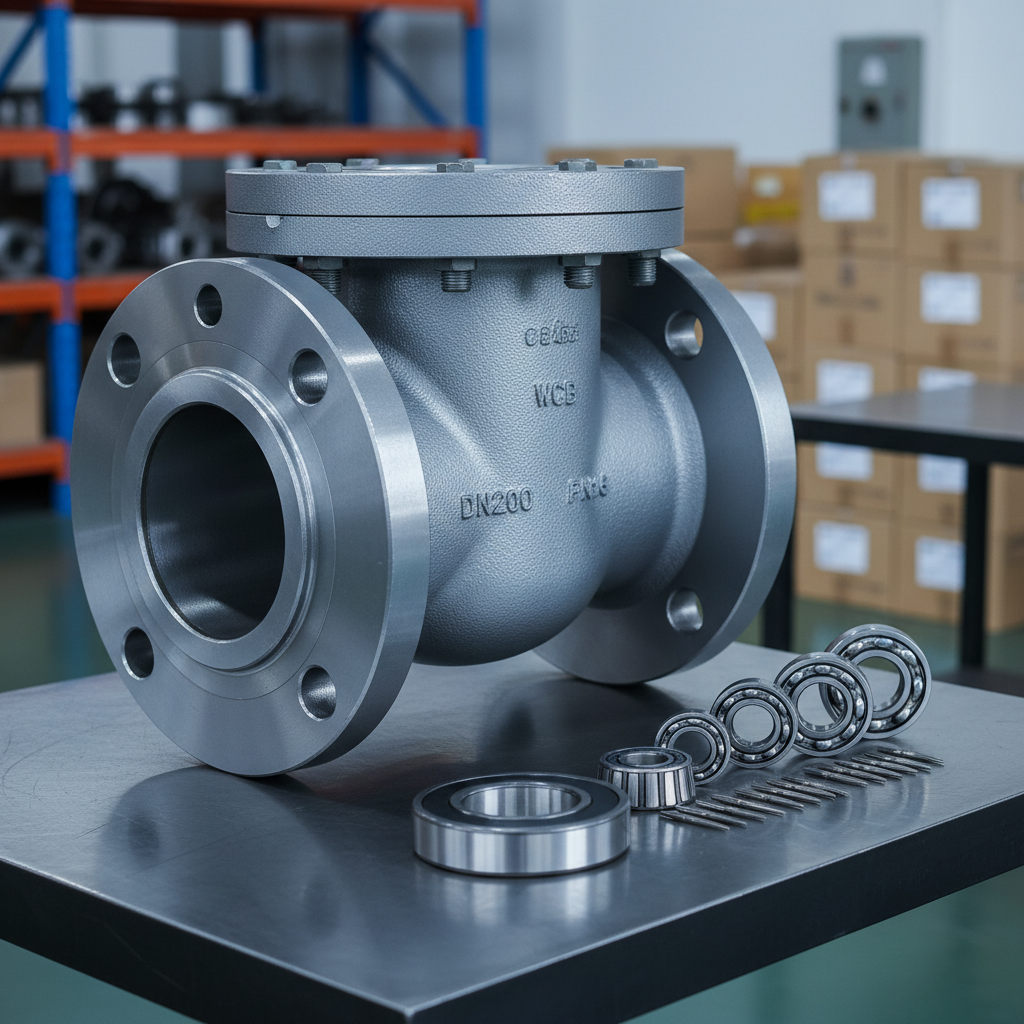 A close-up photographic view of a heavy-duty flanged industrial valve body in cast steel, its surface displaying a fine shot-blasted texture with precisely machined flange faces and bolt holes. Beside it, a row of medium-sized ball bearings and needle bearings rests on a dark, satin-finished metal inspection table with subtle reflections. Cool, diffused overhead lighting accentuates the precision-ground surfaces and engraved specifications, casting minimal, controlled shadows for a technical, clean look. The background fades into soft blur, suggesting an organized warehouse environment with racking and labeled cartons. Shot with a shallow depth of field from a slightly elevated angle, the composition feels technical, modern, and highly professional, emphasizing quality engineering components ready for industrial applications.