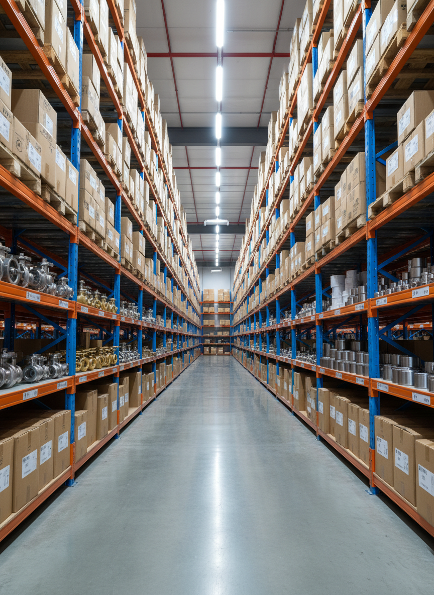An immaculate industrial warehouse aisle dedicated to valves and bearings, viewed from a low, centered camera angle down the length of the corridor. Tall blue and orange pallet racks line both sides, stacked with uniform cartons labeled for various valve types and bearing sizes. On lower shelves, unboxed products—gleaming ball valves, check valves, and cylindrical roller bearings—are neatly arranged for display. Bright, even LED strip lighting along the ceiling creates a clear, shadow-free environment, highlighting the orderliness and scale of inventory. The polished concrete floor reflects delicate hints of light, enhancing the sense of space. Photographic realism with a clean, modern aesthetic conveys abundance, organization, and reliable supply capability for industrial customers.